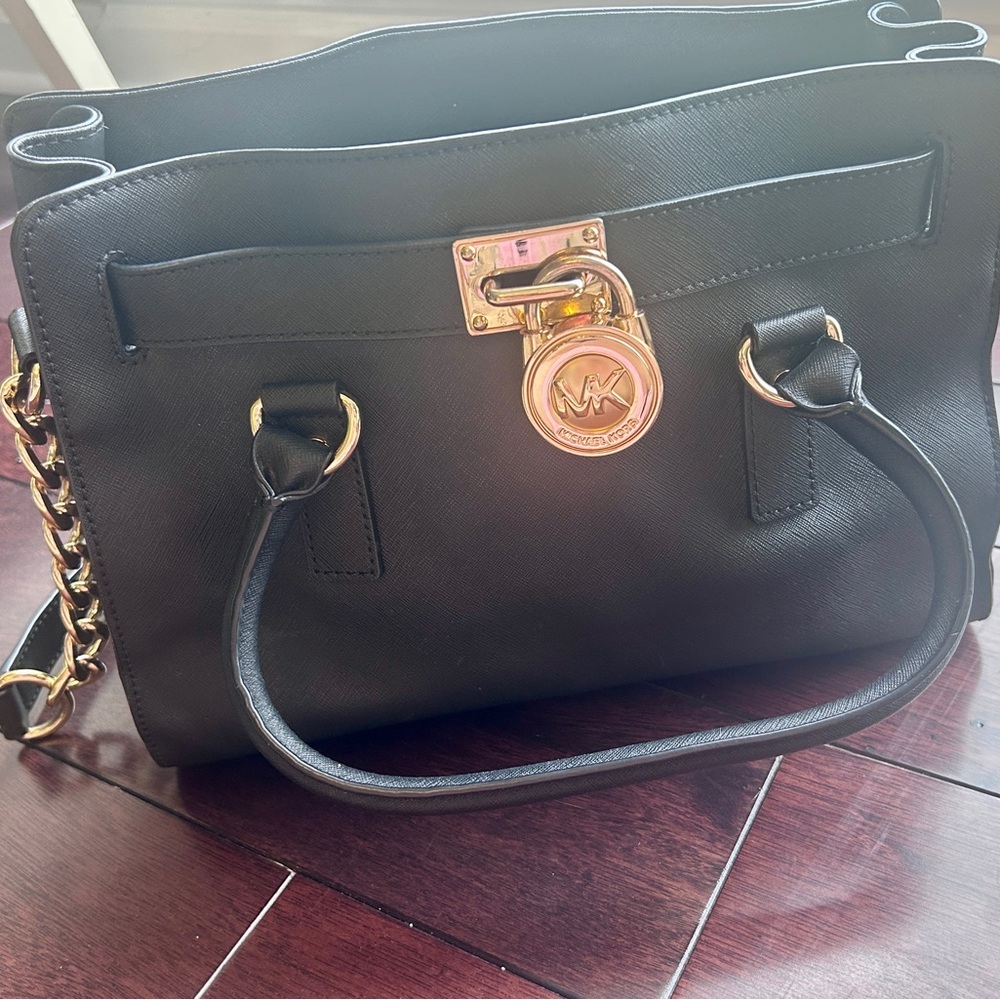 Michael Kors Black Saffiano Satchel with Gold MK Lock